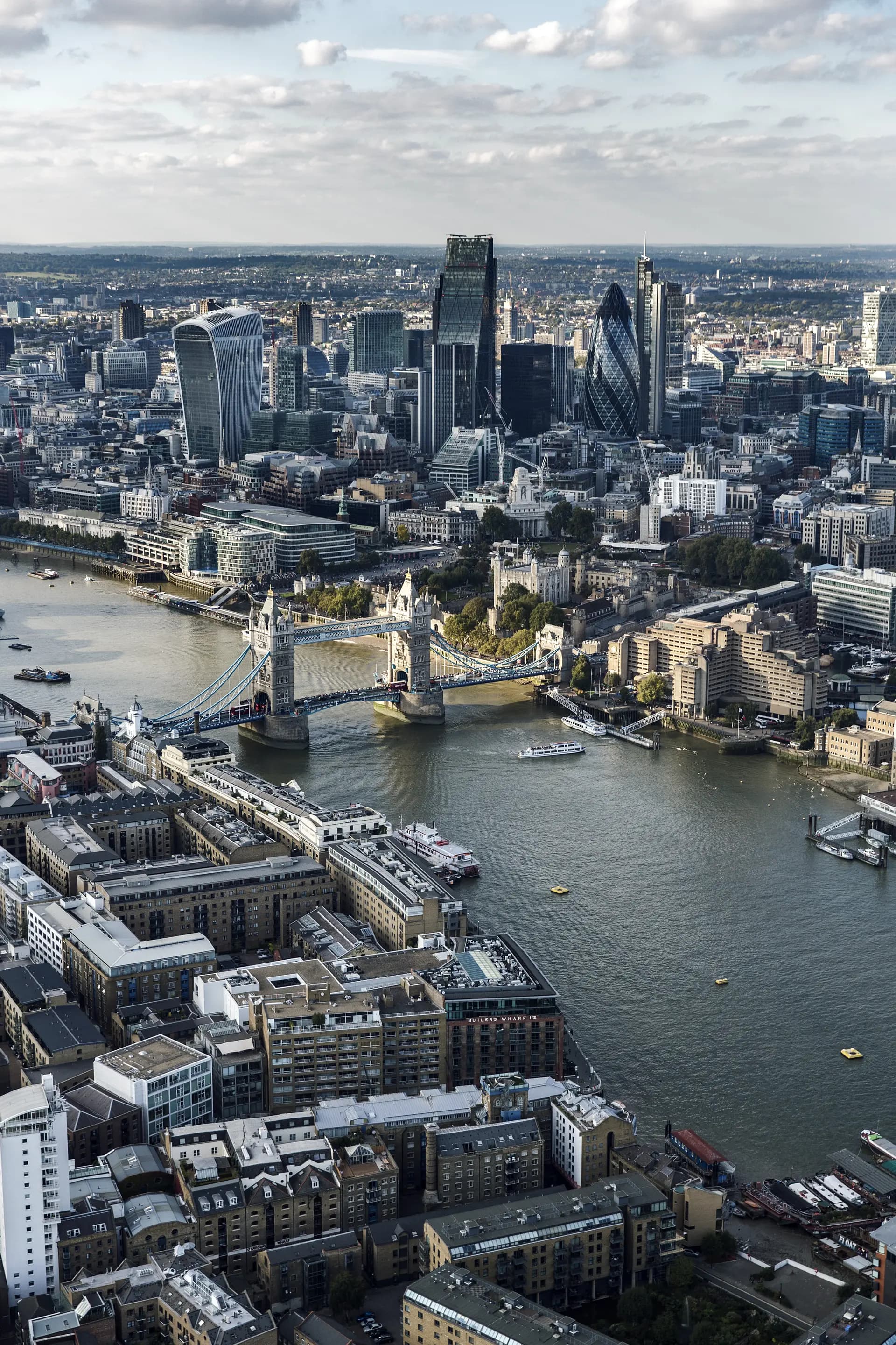 Aerial view of the City of London financial district, Tower Bridge and the River Thames